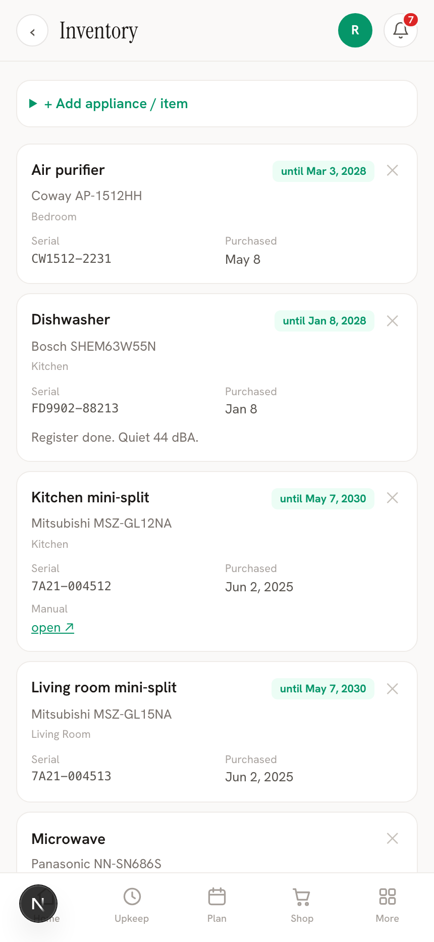 Appliance inventory with warranty dates