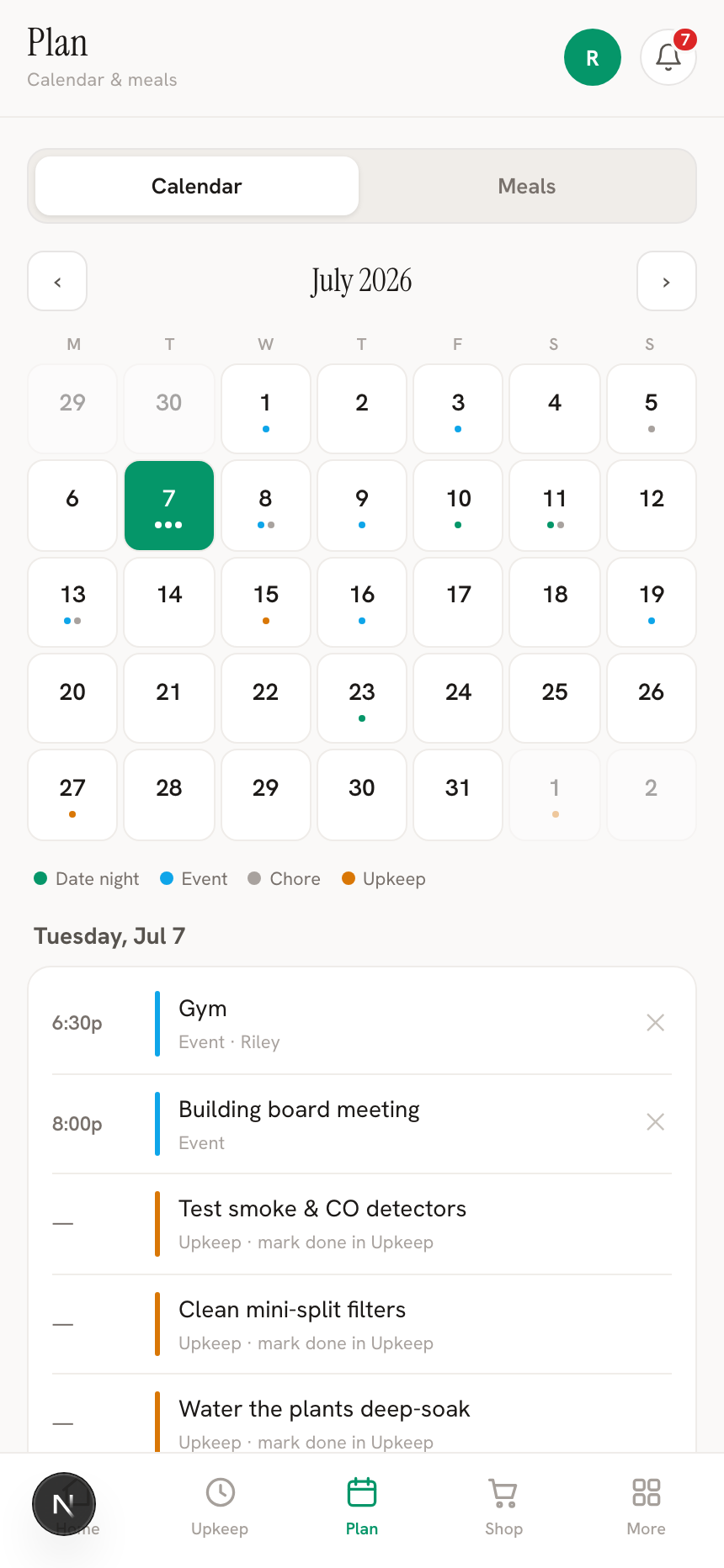Monthly calendar