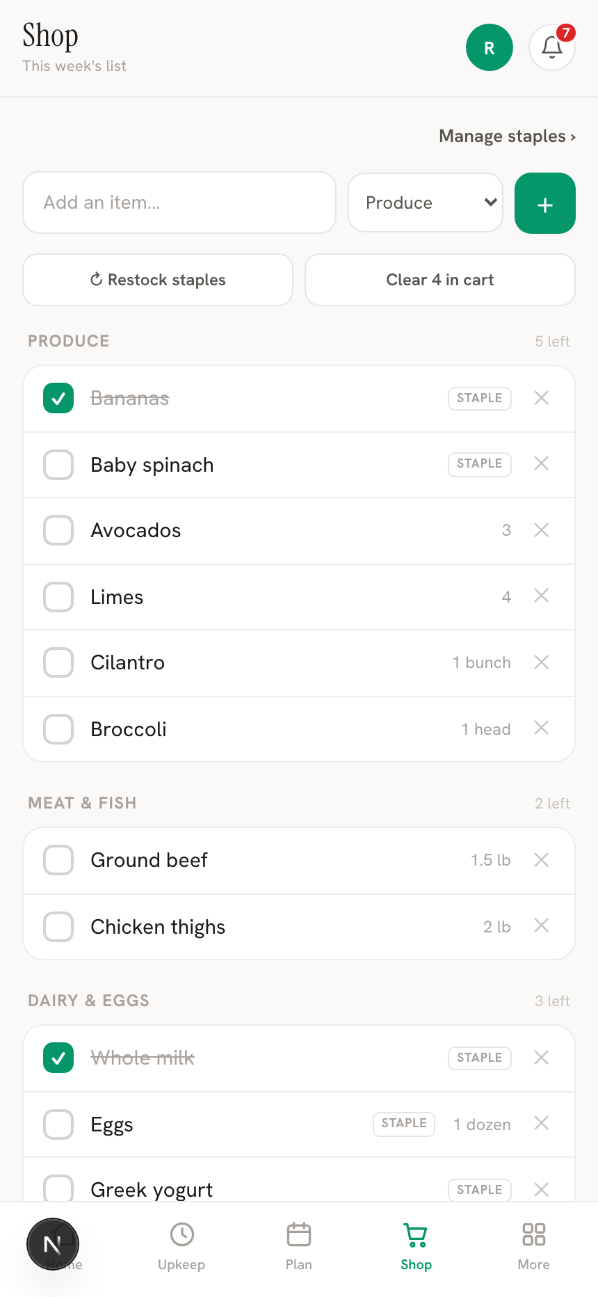 Grocery list grouped by aisle