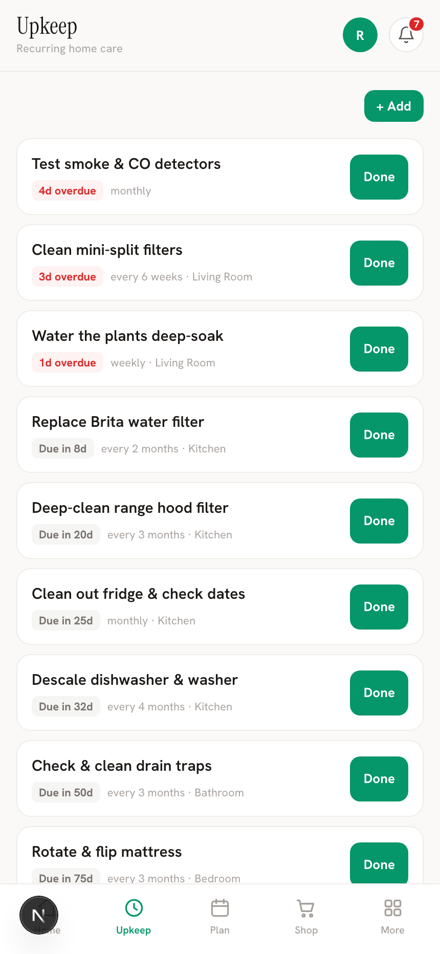 Upkeep list with due dates